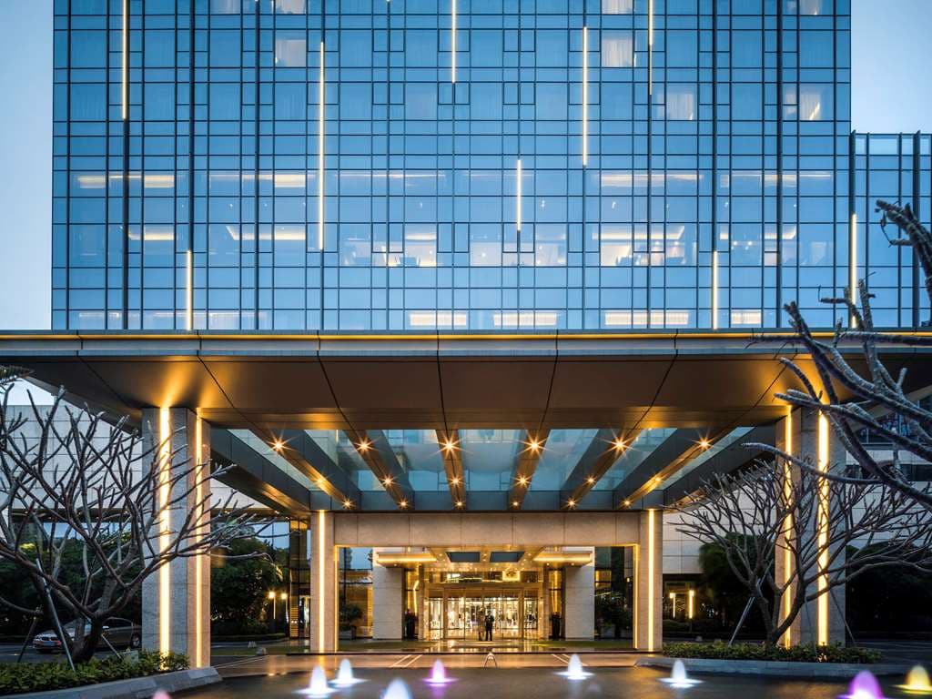 Exterior and luxurious entrance of the Pullman Zhuhai hotel in mainland China near the Macau border.