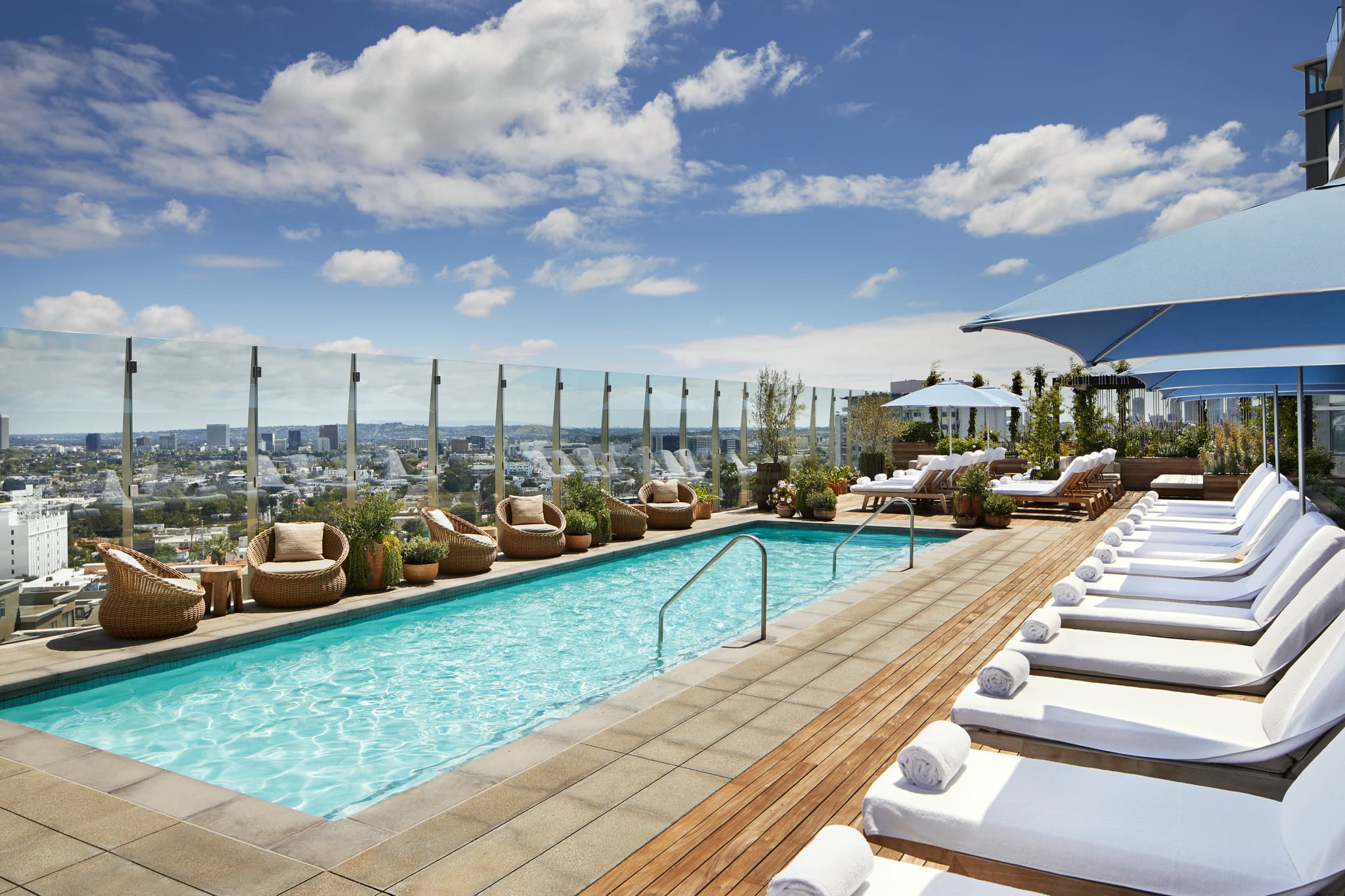 A sun-drenched pool deck at 1 Hotel West Hollywood lined with olive trees and lounge chairs, framing a view of the Los Angeles skyline.