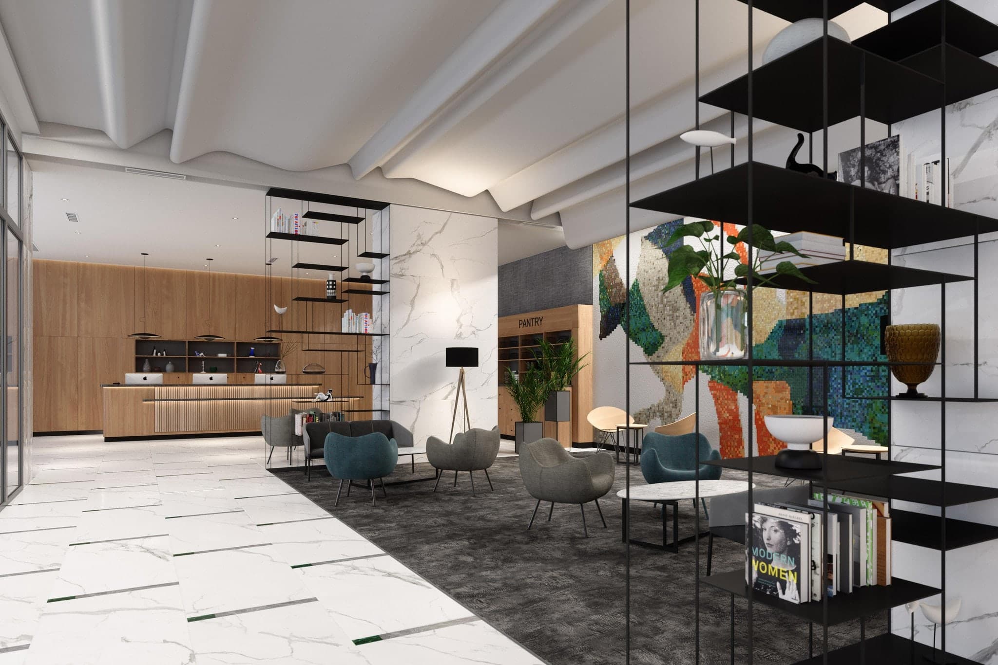 A stylized lobby scene featuring a bright red vintage Vzor RM58 armchair against a backdrop of industrial concrete and neon accents.