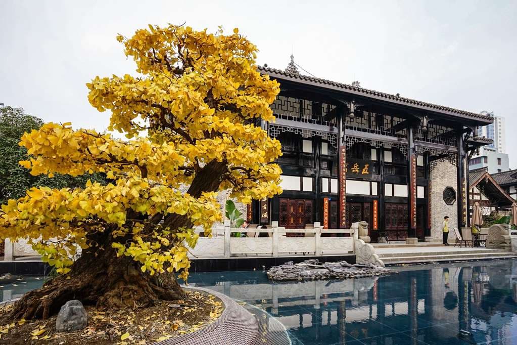 黄昏时分,从下往上仰望传统的四合院青瓦屋顶,对称的建筑结构在温暖的灯笼光影下显得格外宁静。