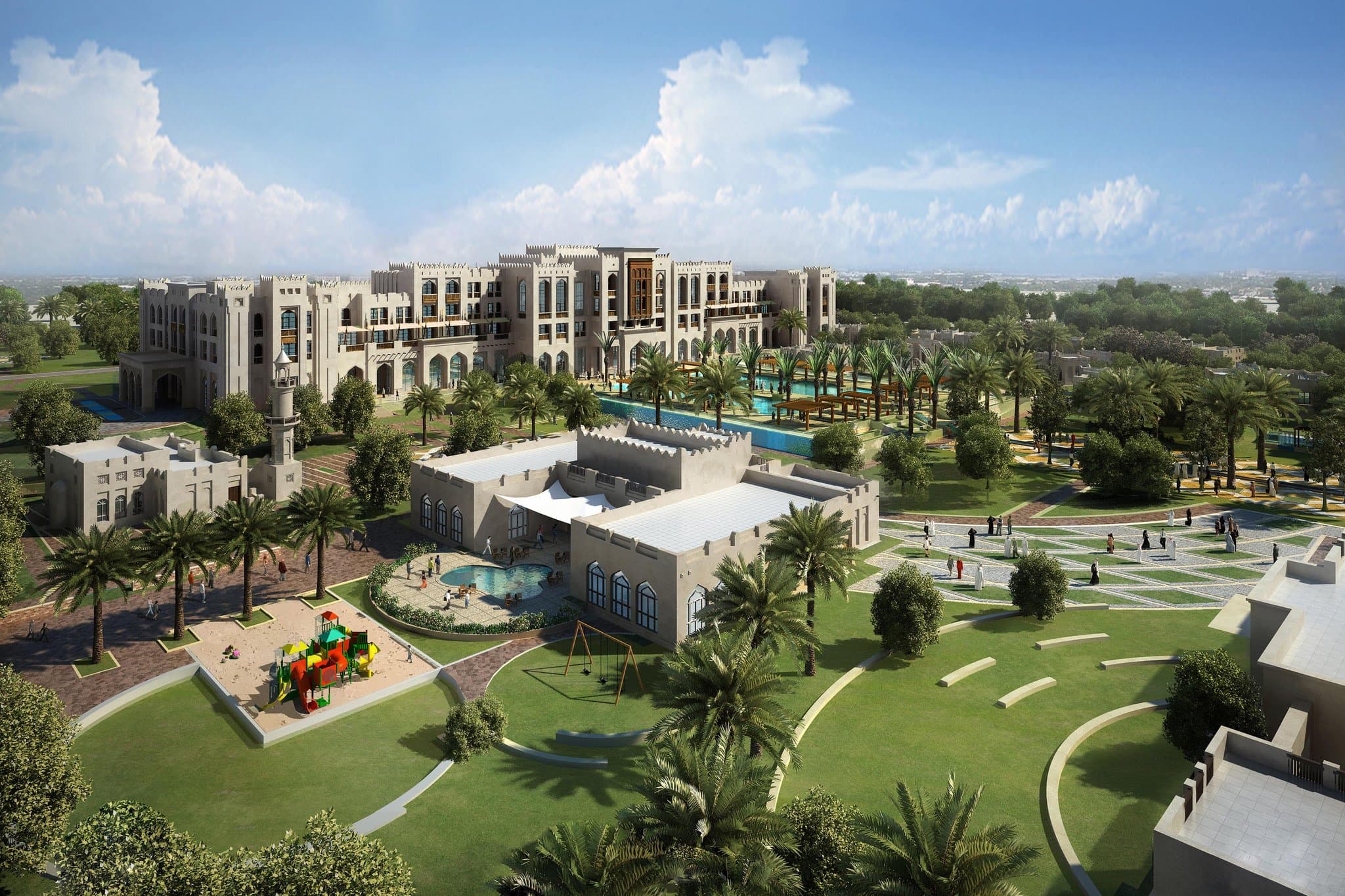 The Grand Pool at Al Messila Doha, flanked by symmetrical cabanas and indigenous palm trees, reflecting the resort's palatial Arabesque architecture.