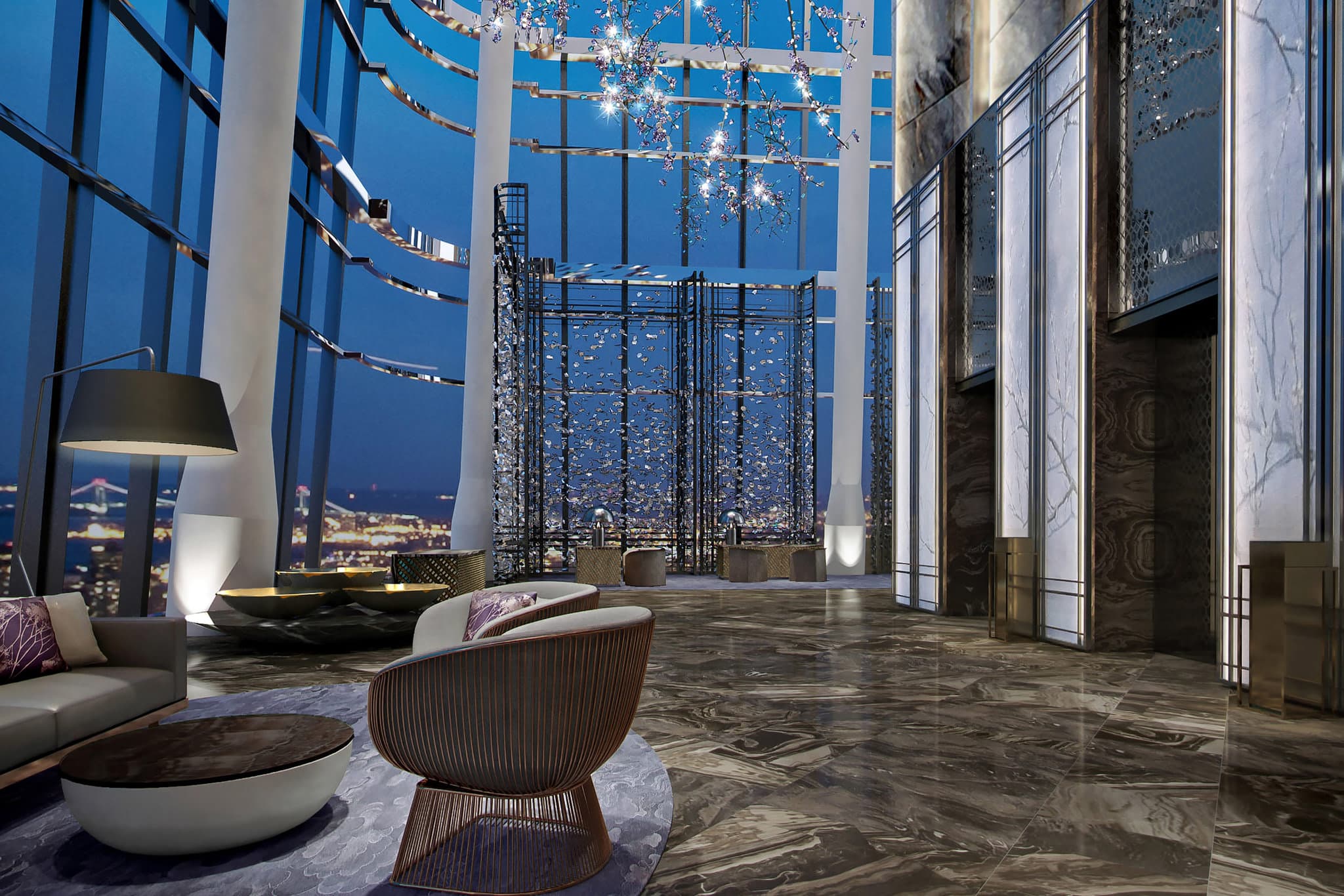 A dramatic view of the 80th-floor Sky Lobby at Na Lotus Hotel Nanning, featuring floor-to-ceiling windows overlooking Qingxiu Mountain and clouds.