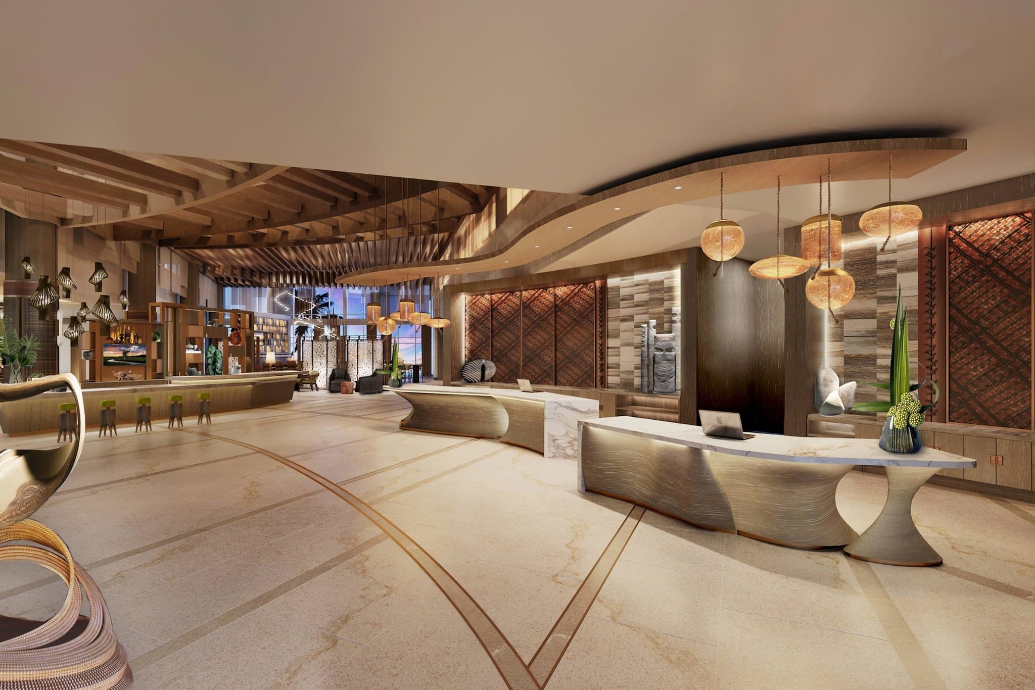 A sleek, modern rooftop terrace at night with guests enjoying cocktails, illuminated by soft lighting with distant fireworks bursting in the background.