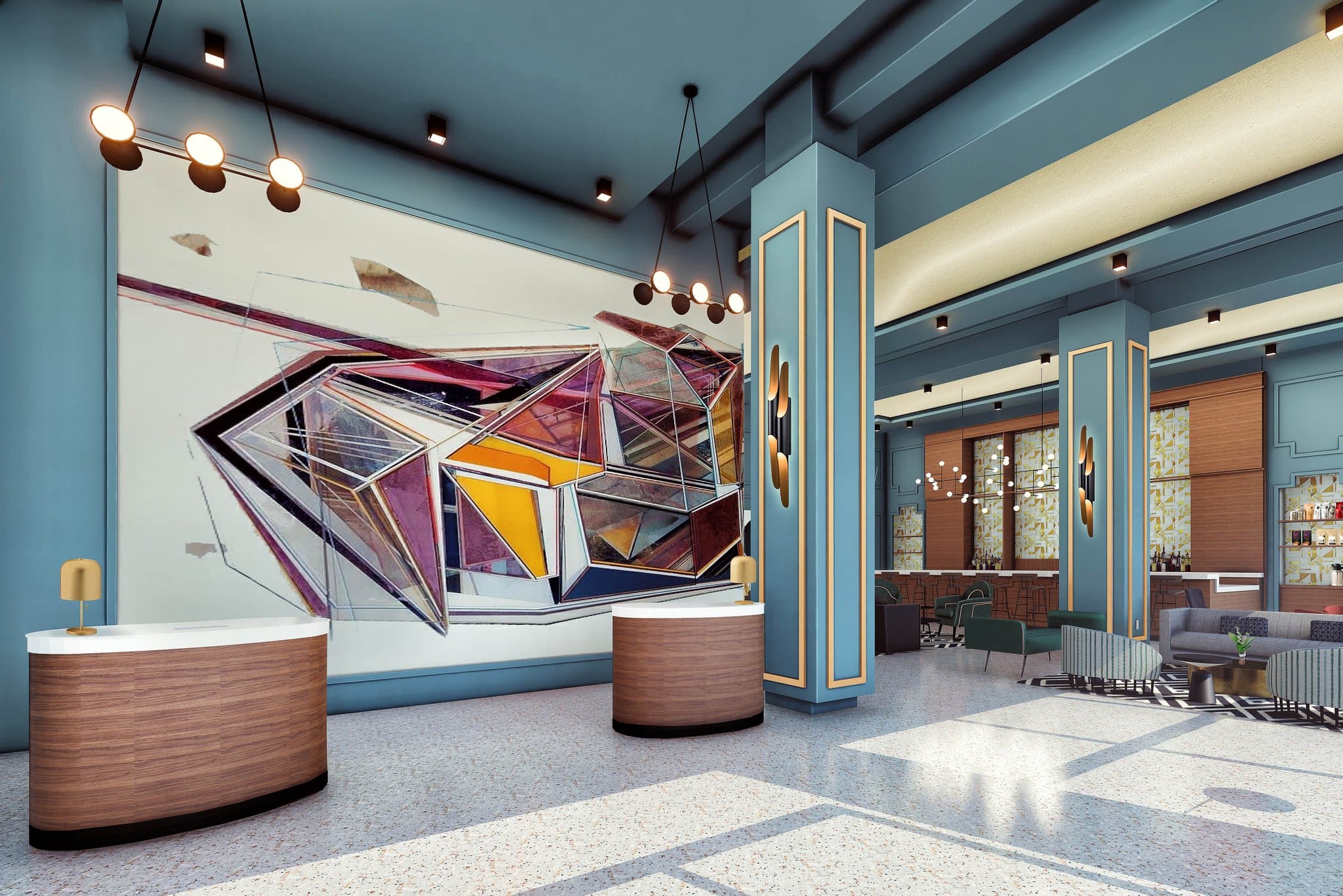 The lobby of the Kinley Cincinnati, featuring the colorful 'Allegro' mural, terrazzo flooring, and mid-century modern furniture.