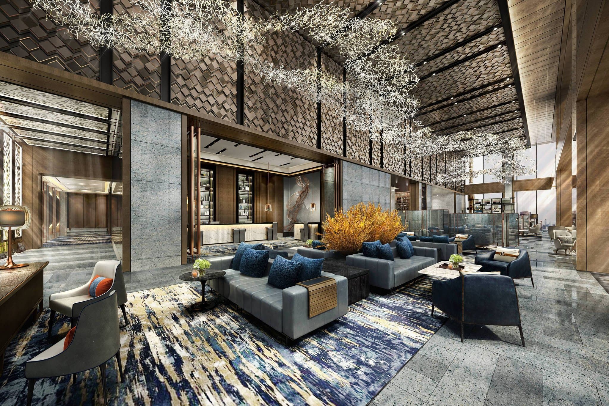 A moody, high-contrast shot of the mesm Tokyo lobby featuring midnight blue lighting and floor-to-ceiling windows overlooking the Tokyo Bay skyline.