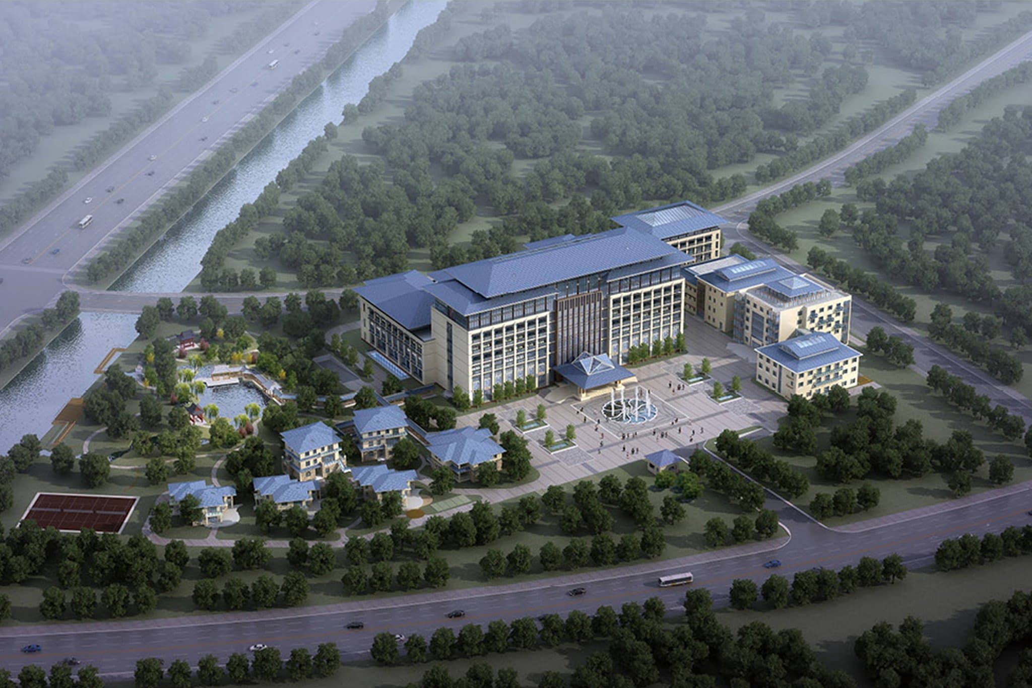 Modern lobby lounge at Courtyard Wuxi Lihu Lake featuring floor-to-ceiling windows overlooking a symmetrical central garden with water features.