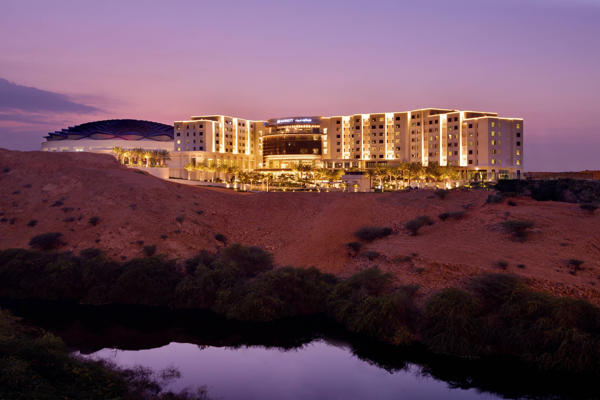A sleek 25-meter lap pool at JW Marriott Muscat framed by date palms and modern architecture under a bright Omani sun.