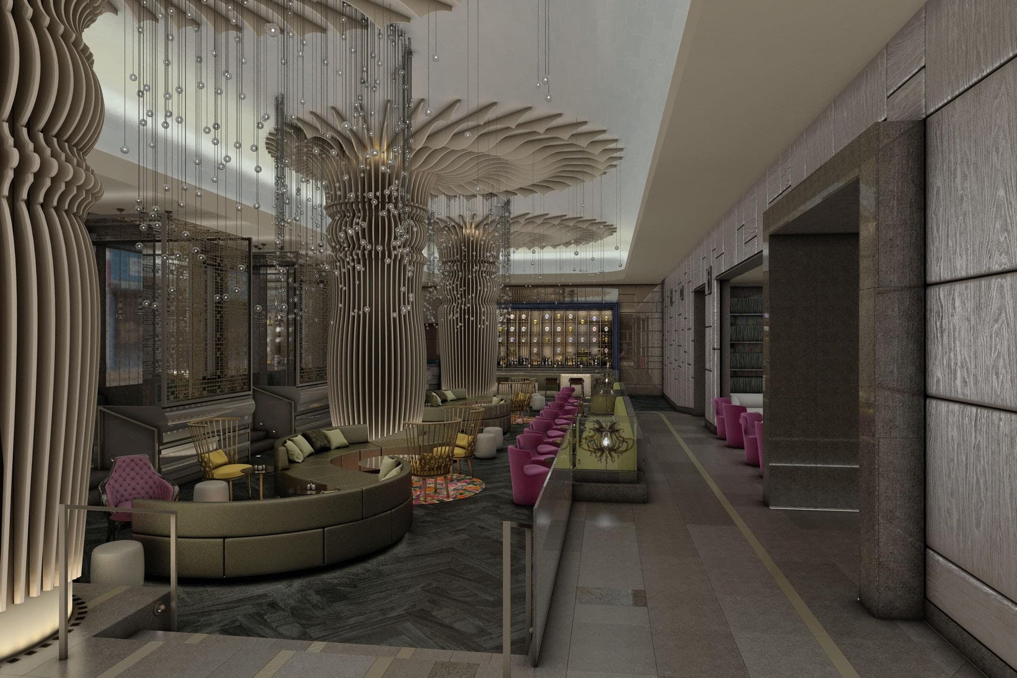 A low-angle shot of the W Philadelphia's floating gold coin chandelier illuminating the moody, dark-toned Living Room bar.