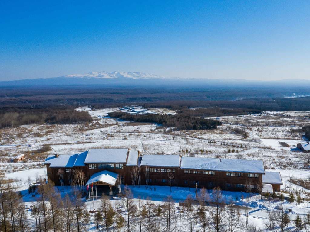 雪景色と松林を背景に、湯気が立ち上る屋外温水インフィニティプールでくつろぐ旅行者。