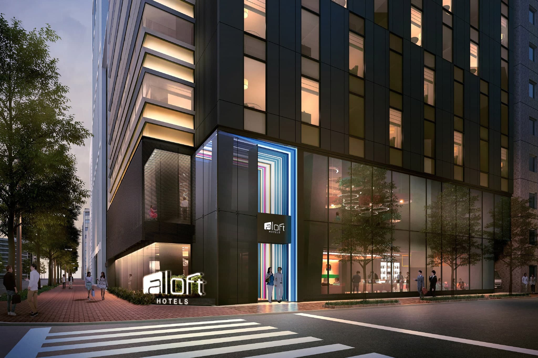 Neon-lit Roof Dogs terrace at Aloft Tokyo Ginza featuring Eddie the vintage VW van and skyline views.