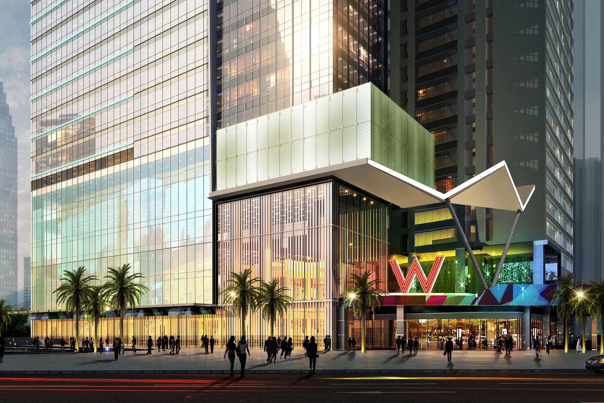 A neon-lit, futuristic hotel bar with a view of Chengdu's illuminated Twin Towers at night.