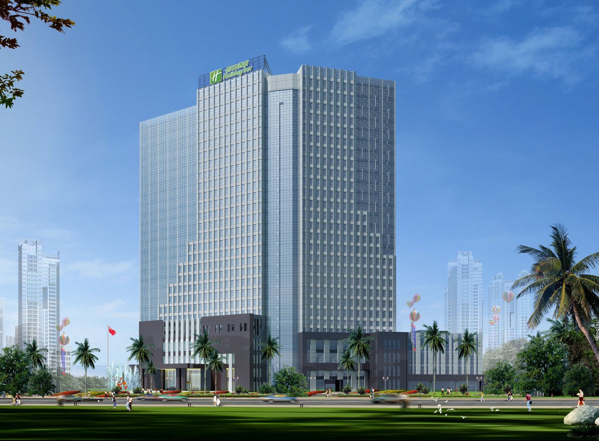 Modern minimalist lobby of Holiday Inn Nanning Zhuangjin featuring high ceilings, abstract geometric lighting, and the entrance to the Lobby Lounge.
