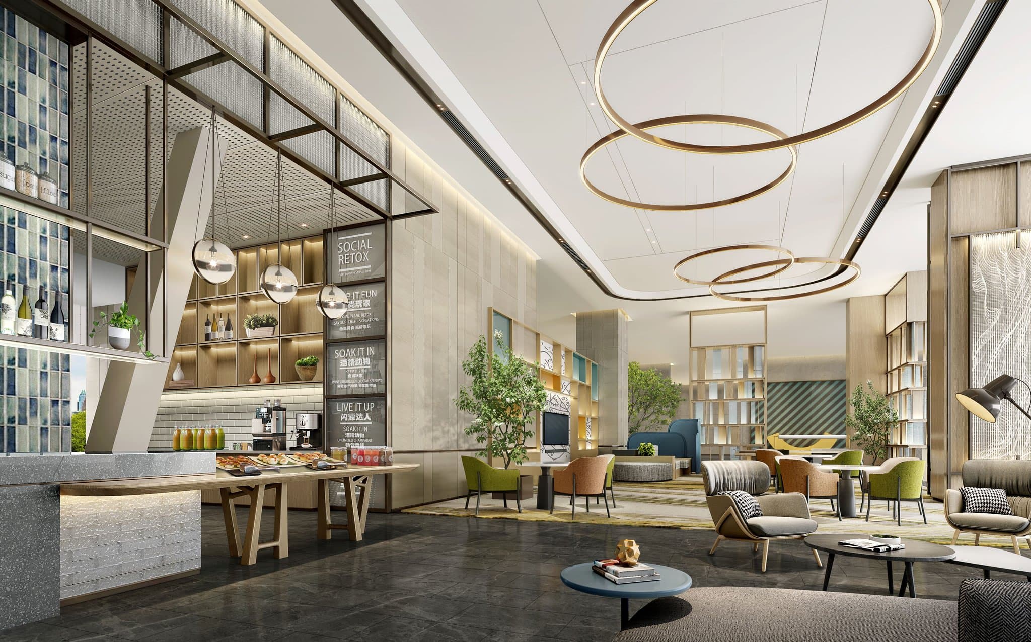 Modern hotel room interior featuring floor-to-ceiling windows overlooking Tianjian Lake in Zhengzhou.