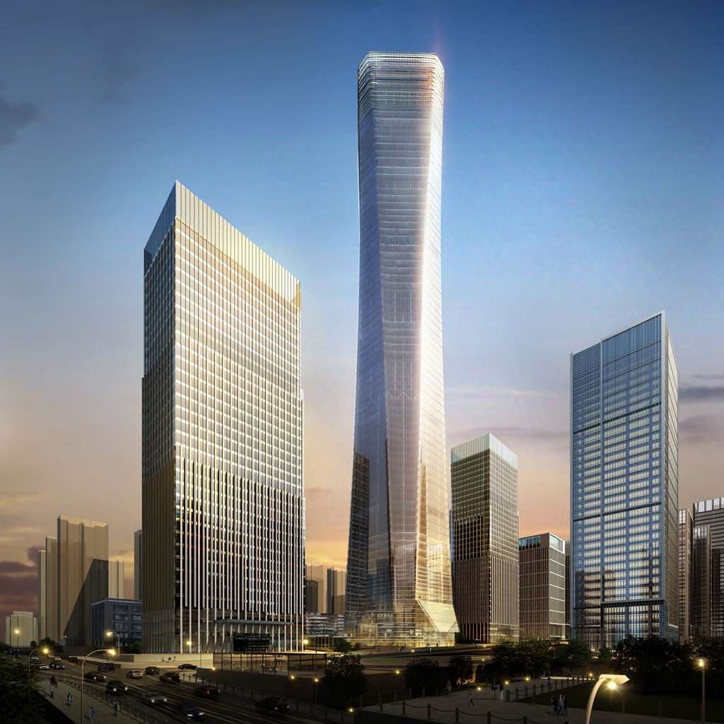 A dramatic view of the Kempinski Hotel Jinan's 51st-floor indoor infinity pool, featuring floor-to-ceiling glass walls overlooking the city skyline.