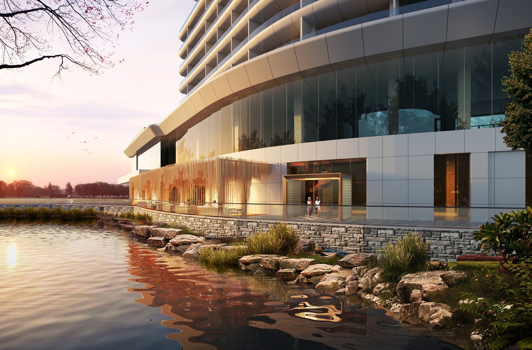 A minimalist hotel balcony featuring a private jacuzzi overlooking a calm lake and dense pine forests in Kunming.