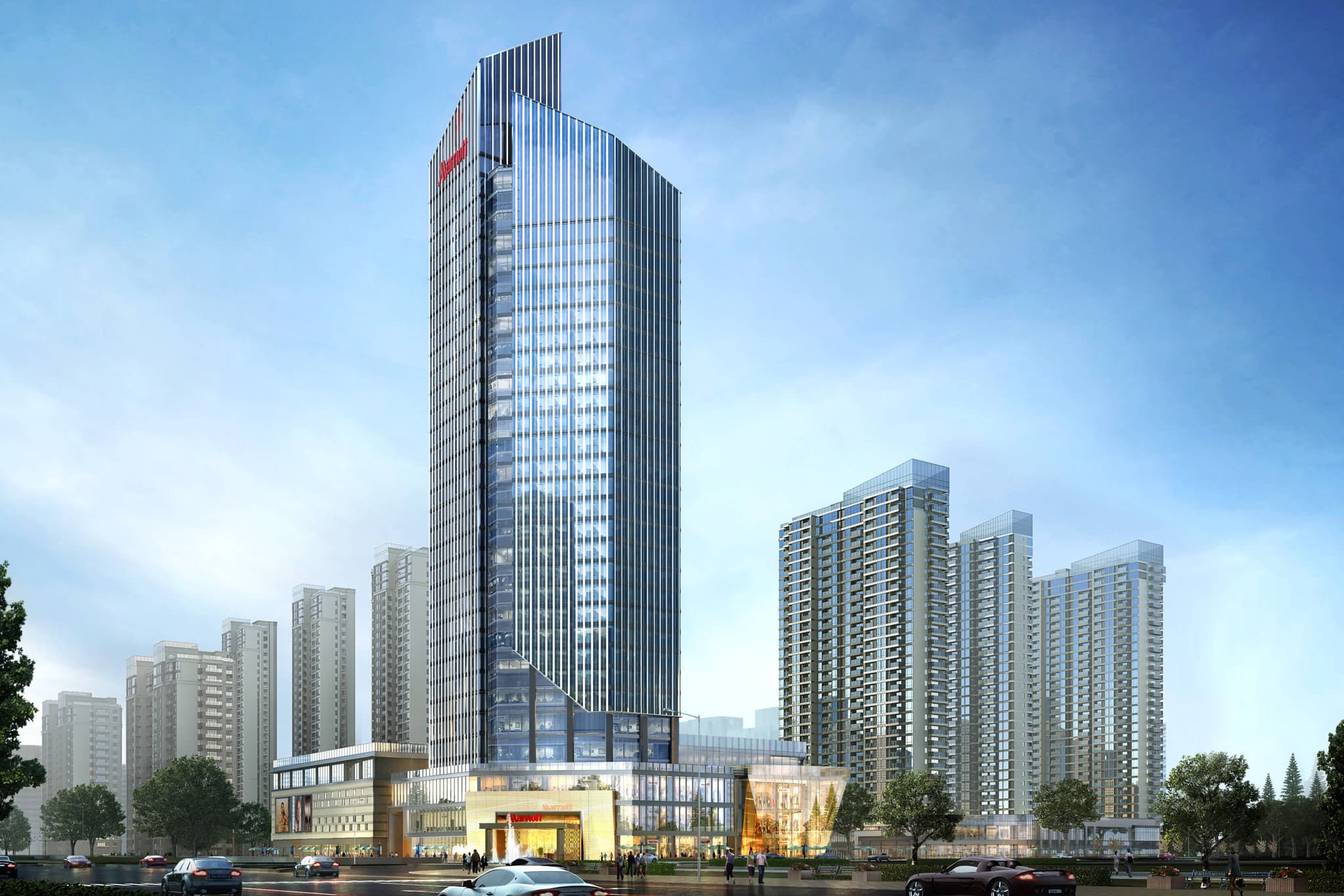 A dramatic low-angle shot of the Liyang Marriott Hotel's glass facade reflecting the twilight sky, contrasting with the surrounding greenery.