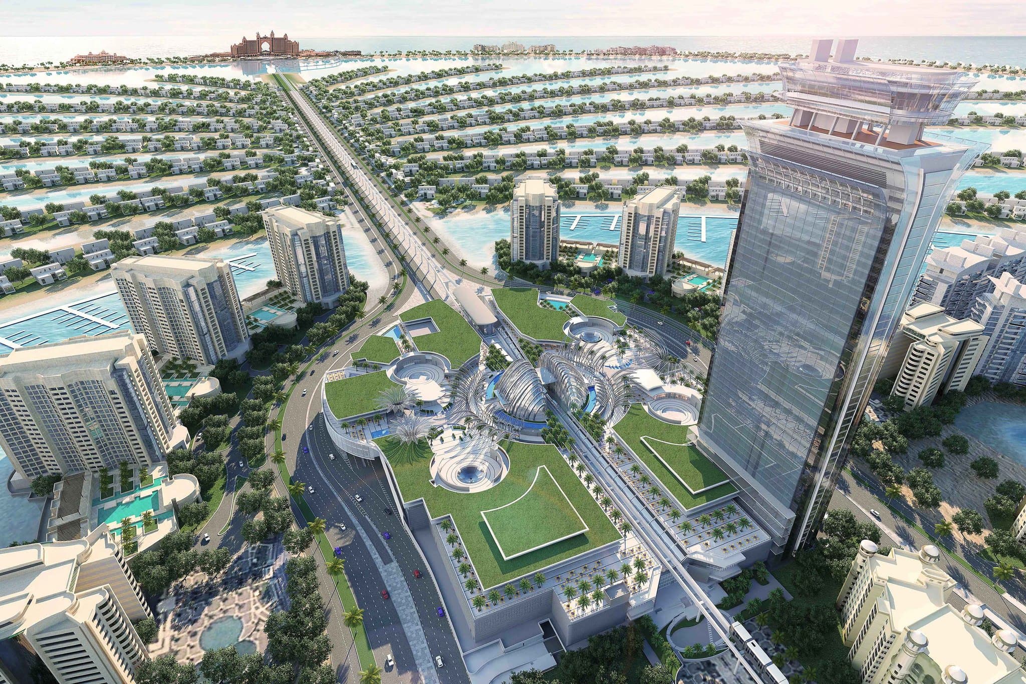View of the Palm Jumeirah fronds through the floor-to-ceiling windows of a St. Regis Dubai guest room.