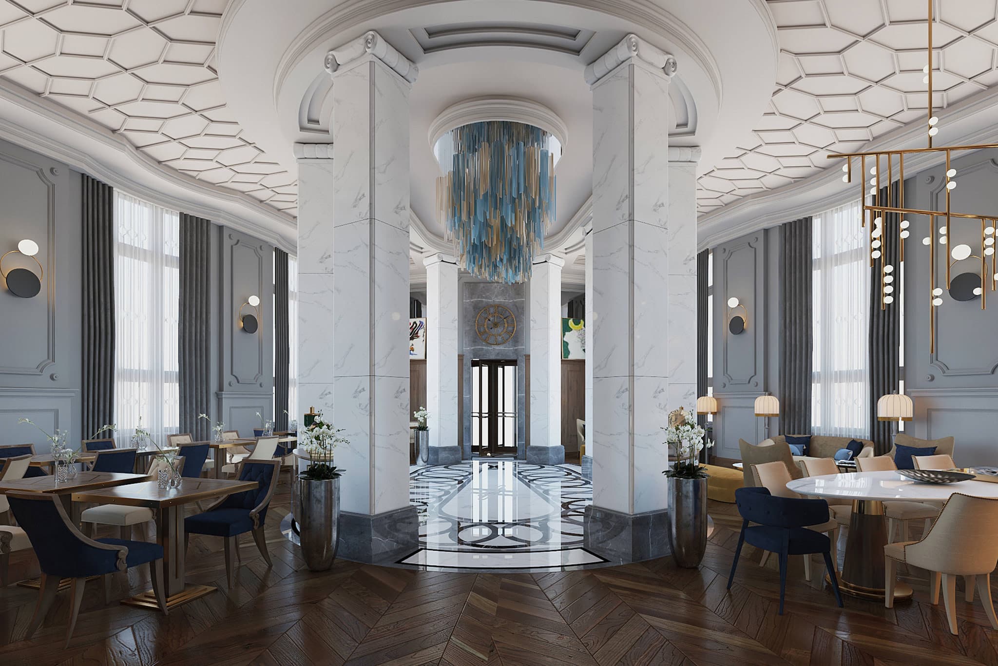 Top-down view of the Orientbank Hotel's historic marble spiral staircase in Istanbul.