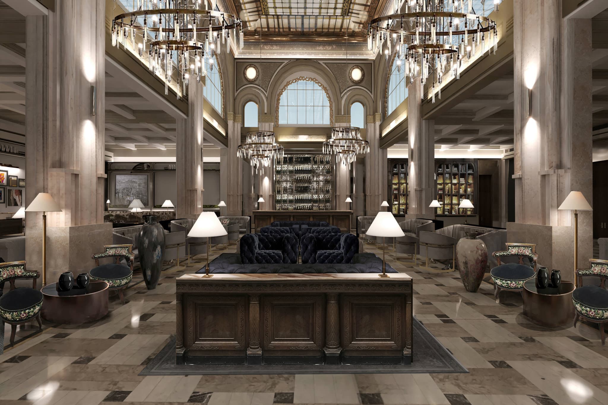 The moody, low-lit Vault Bar at The Marmorosch, featuring original brass safety deposit boxes lining the walls and plush velvet seating.