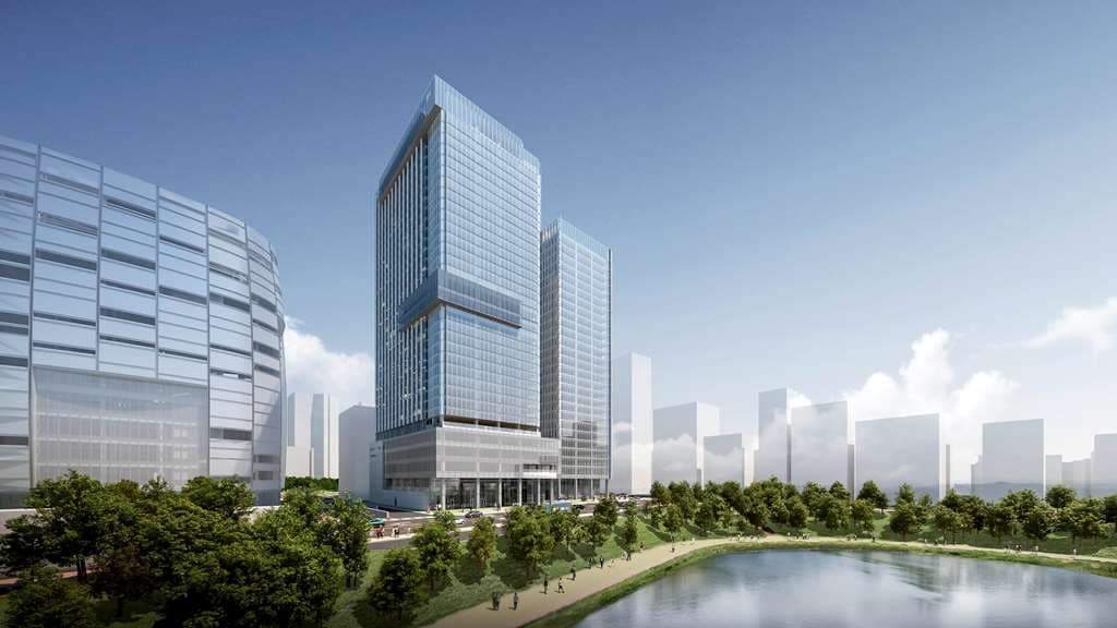 Sofitel Seoul indoor infinity pool with mosaic starry ceiling overlooking Seokchon Lake and Lotte World Tower.